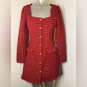 Juniors' Square-Neck Long-Sleeve Tweed Dress